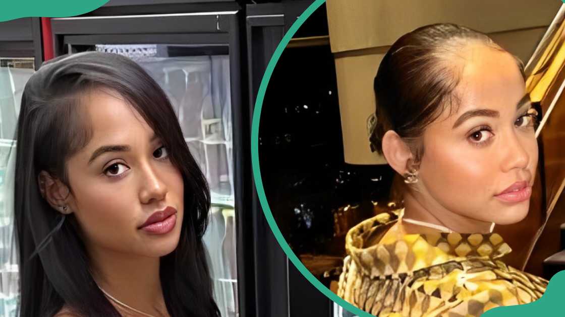 Kysre Gondrezick posing for a photo in a black (L), and in a gold and brown outfit (R) Kysre Gondrezick posing for a photo in a black (L), and in a gold and brown outfit (R)