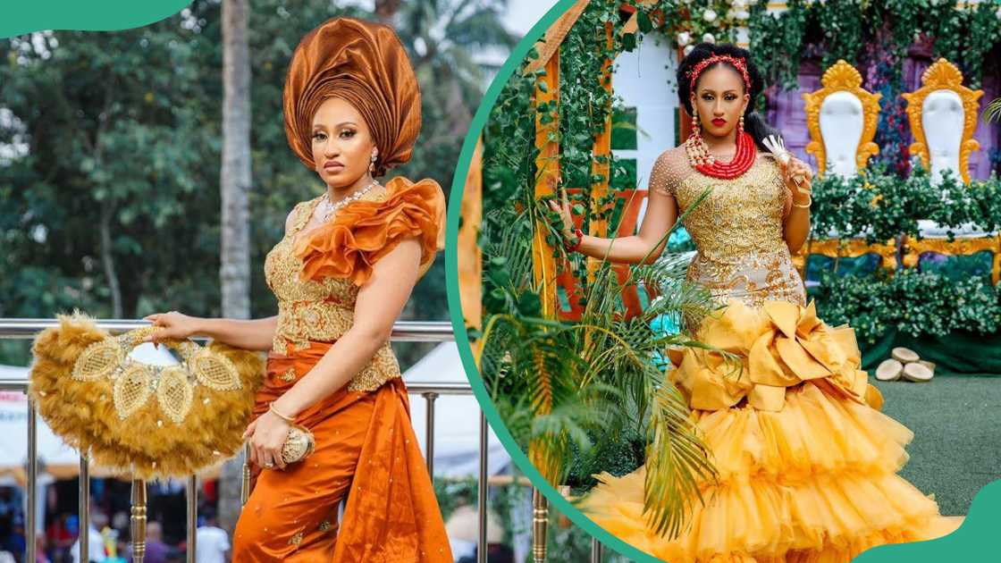 Brunella Oscar in traditional orange Aseobi and orange lace gowns. Brunella Oscar in traditional orange Aseobi and orange lace gowns.