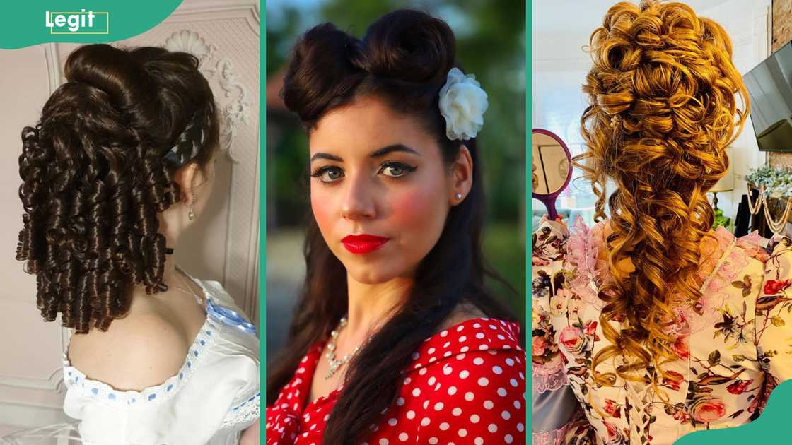 Glossy ringlets with braided crown (L), Twin Victorian rolls (C), Trailing olden locks (R) Glossy ringlets with braided crown (L), Twin Victorian rolls (C), Trailing olden locks (R)