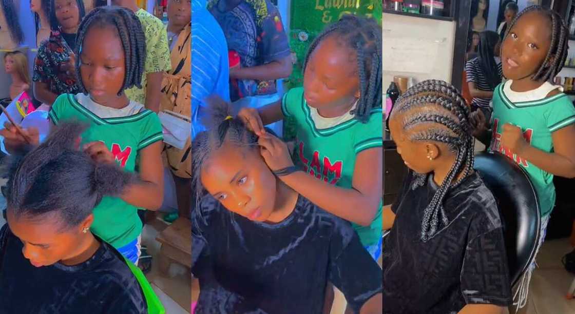 Photos of a young girl braiding the hair of an adult. Photos of a young girl braiding the hair of an adult.