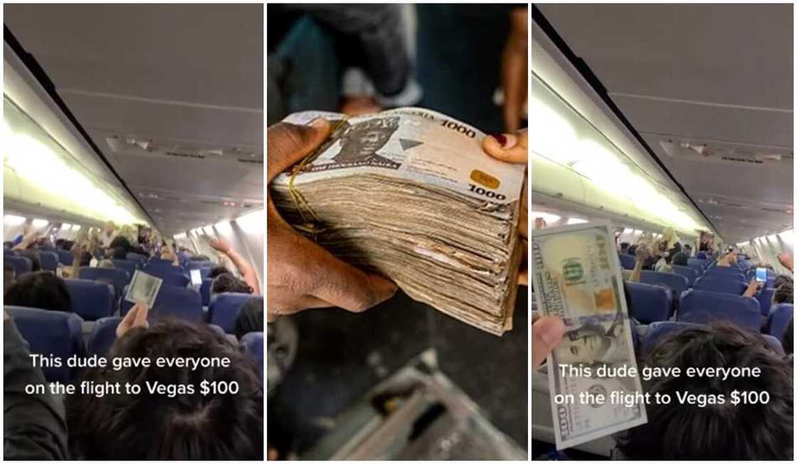 Photos of Naira and Dollar notes as man hands N42k to passengers in Las Vegas-bound airplane. Photos of Naira and Dollar notes as man hands N42k to passengers in Las Vegas-bound airplane.