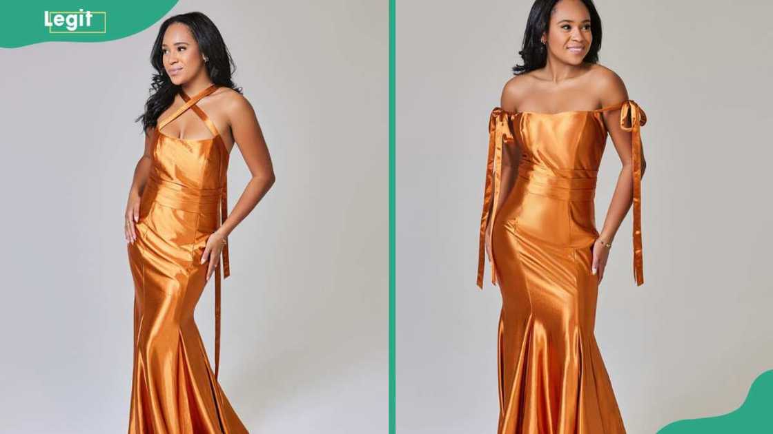 A woman in an orange silk gown A woman in an orange silk gown