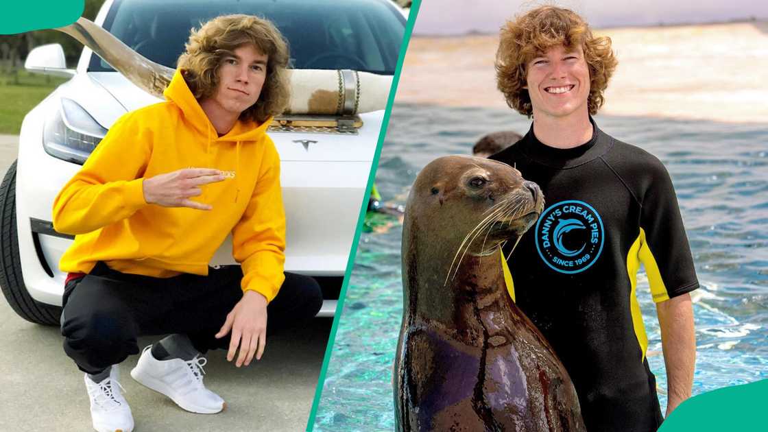 Danny Duncan posing for pictures in front of a car and in the ocean Danny Duncan posing for pictures in front of a car and in the ocean