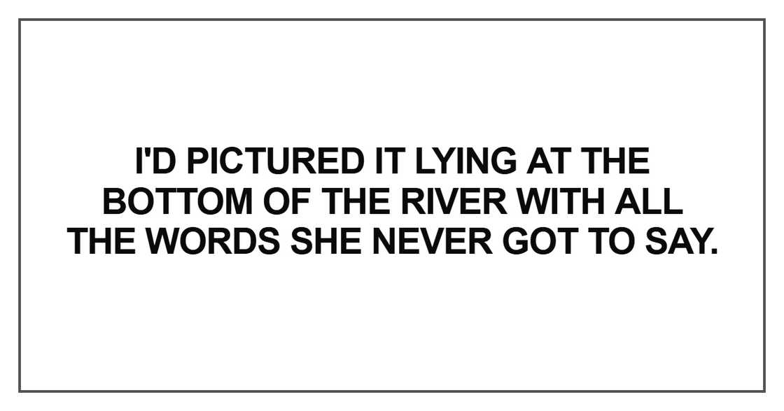 I'd pictured it lying at the bottom of the river with all the words she never got to say. I'd pictured it lying at the bottom of the river with all the words she never got to say.