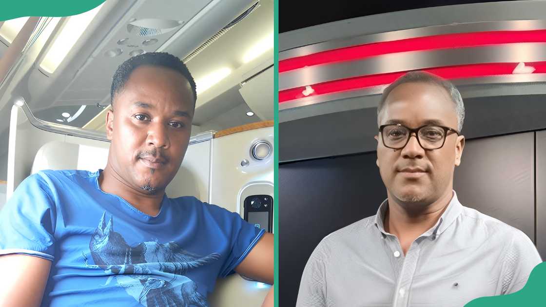 Charles Anazodo is seated in a plane (L), and posing in a studio (R)