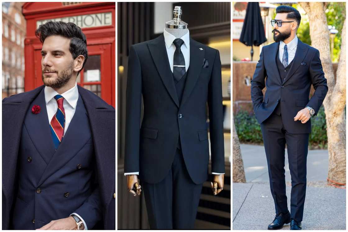 Dark blue and black tie with a navy suit and white shirt Dark blue and black tie with a navy suit and white shirt