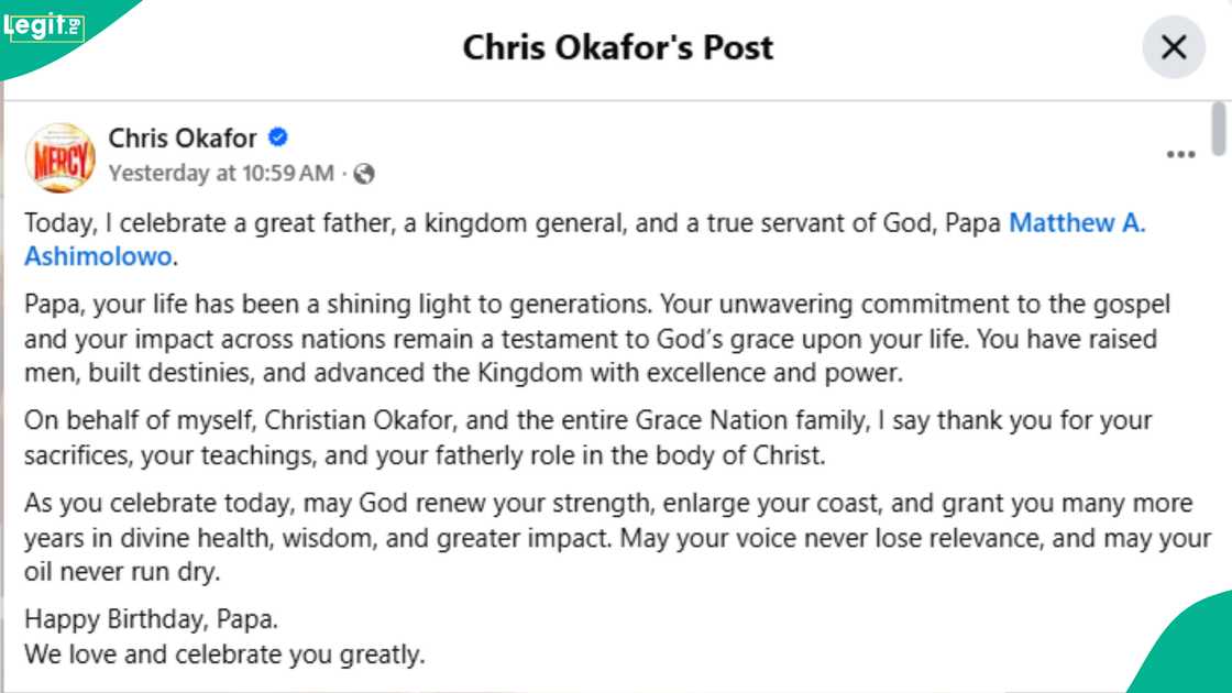 Pastor Chris Okafor sends deep message to Pastor Matthew Ashimolowo on birthday.