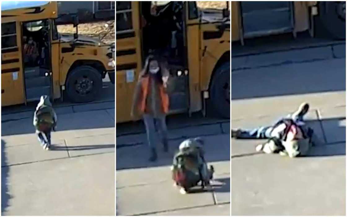Boy falls before school bus obviously tired of going to school. Boy falls before school bus obviously tired of going to school.