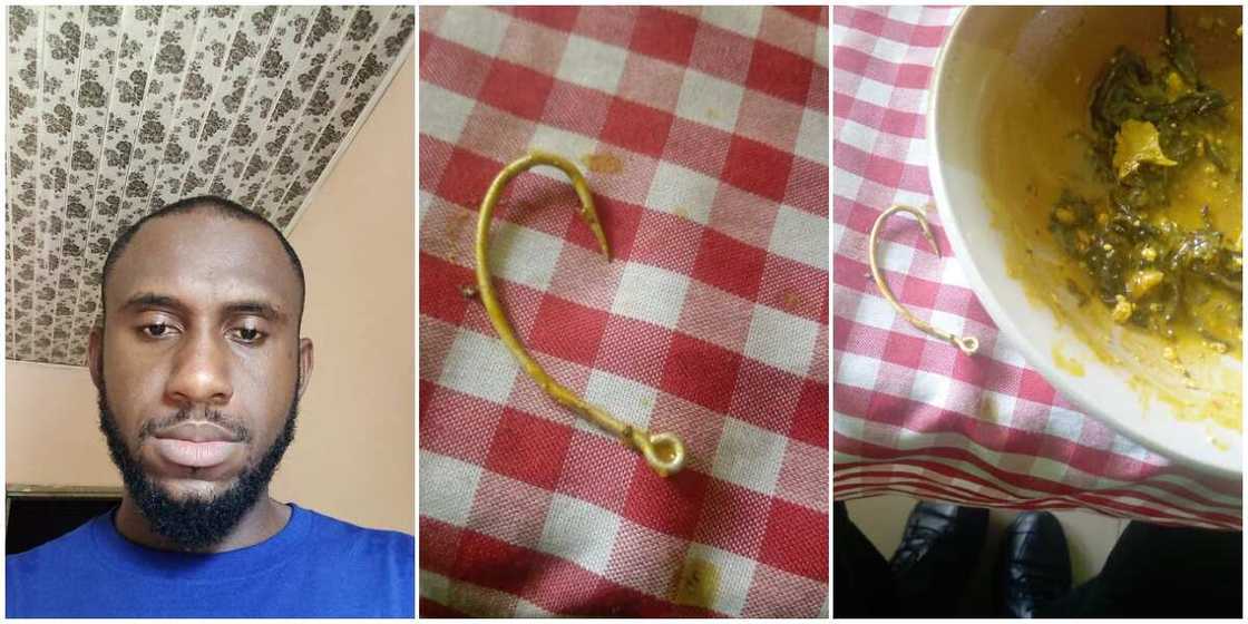 Nigerian Man Shares Photos of the Big Hook He Found in the Soup He Ordered in a Restaurant, Stirs Reactions