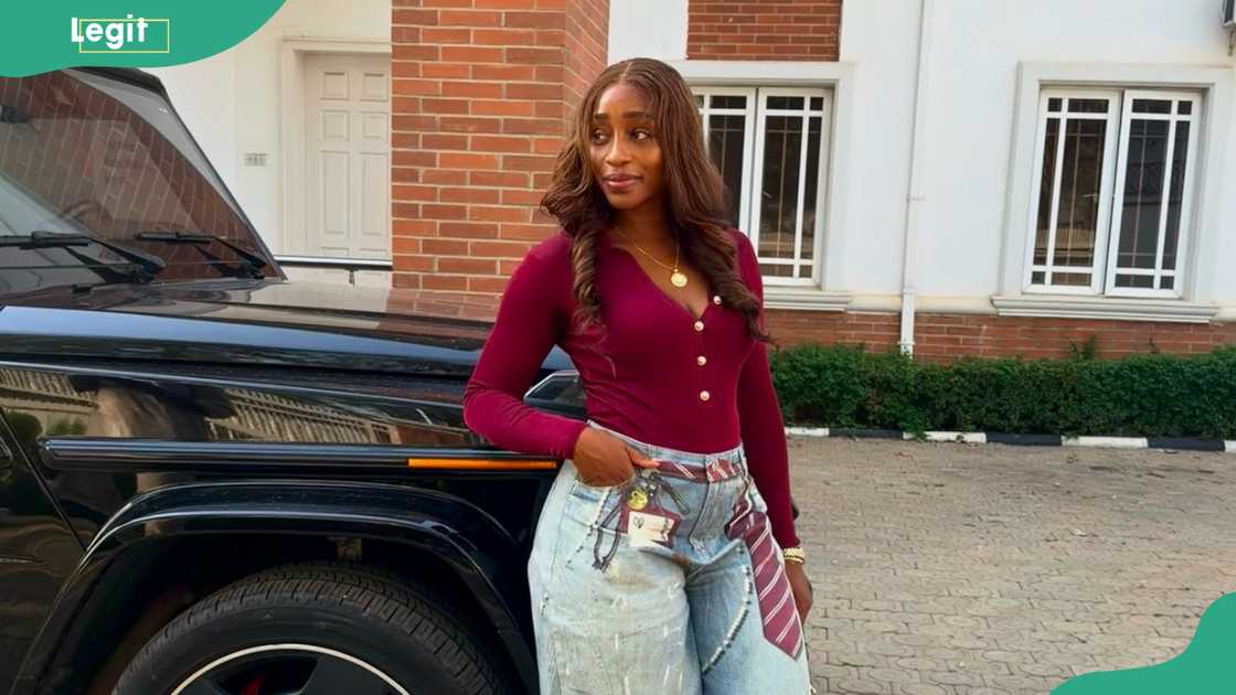 Sheba stands beside a parked SUV outside a brick building