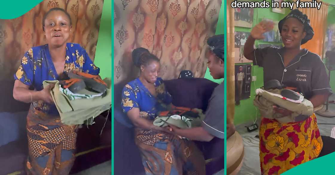 Lady completes her NYSC programme, hands her folded uniform and boots to her mum