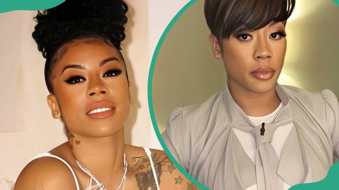 Keyshia Cole poses for a photo in a white and light grey outfit Keyshia Cole poses for a photo in a white and light grey outfit