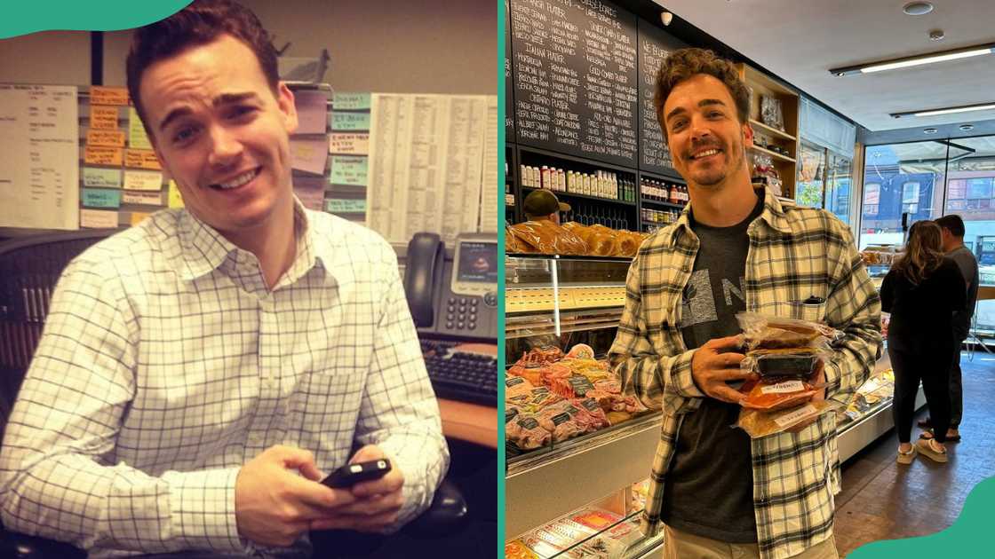 Daniel Clark smiles as he holds a phone. The actor in a butchery. Daniel Clark smiles as he holds a phone. The actor in a butchery.