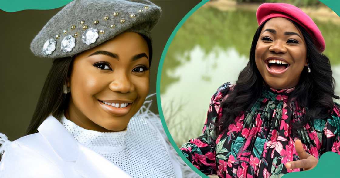 Mercy Chinwo dressed in a white outfit with a grey bejewelled beret (L). On the right, she is pictured dressed in a floral-patterned garment and a pink beret.