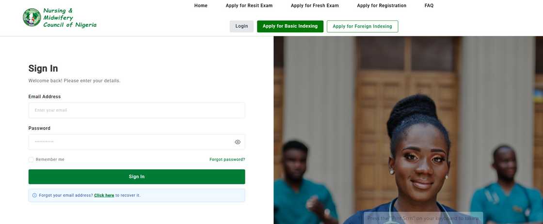 The official Nursing and Midwifery Council of Nigeria login portal