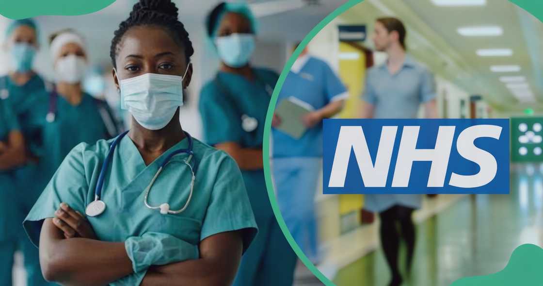 Healthcare professionals pose standing in a hospital. and the National Health Service (NHS) logo