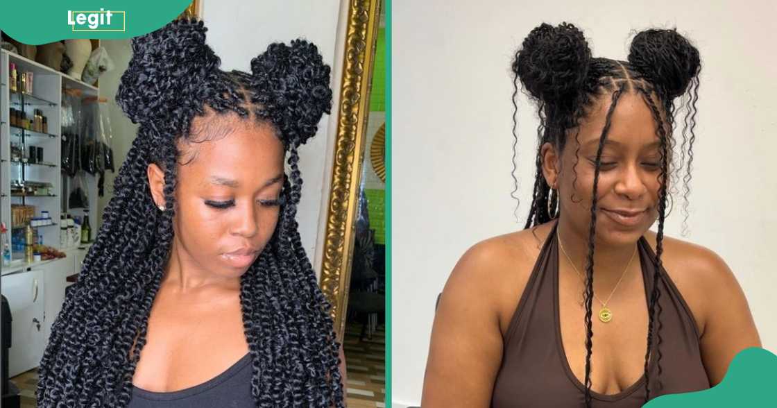 Two women display their passion twists with space buns. Two women display their passion twists with space buns.