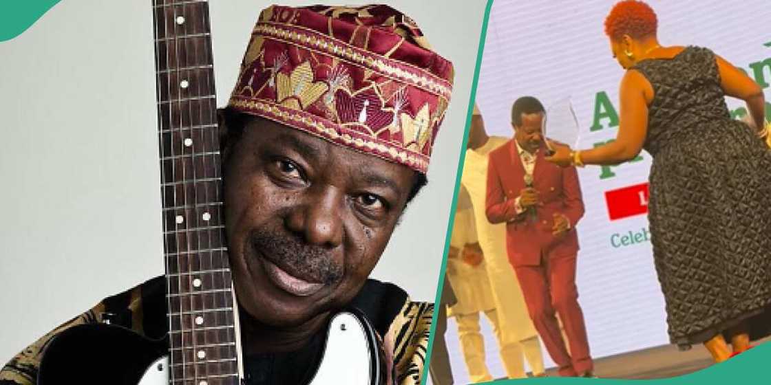 King Sunny Ade dances as he bags award at pre-Grammy party. King Sunny Ade dances as he bags award at pre-Grammy party.