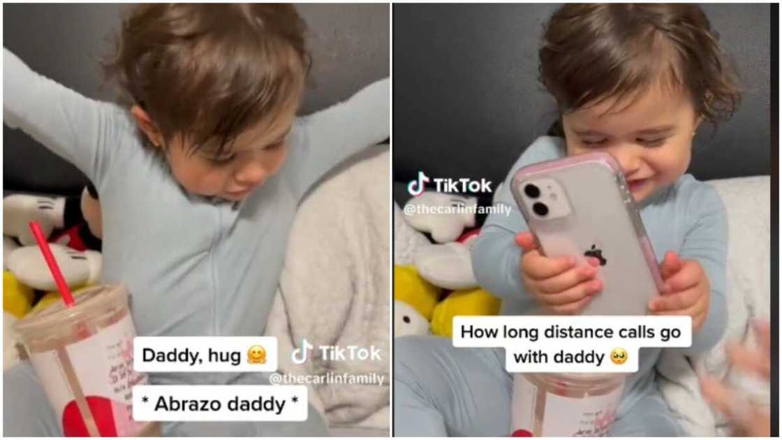 Little girl tries to hug her dad through the phone. 
Photo Source: Tiktok/@thecarlinfamily'