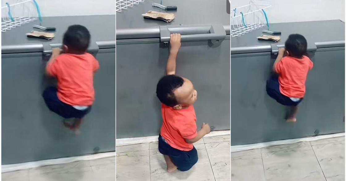 11-month-old baby climbs freezer