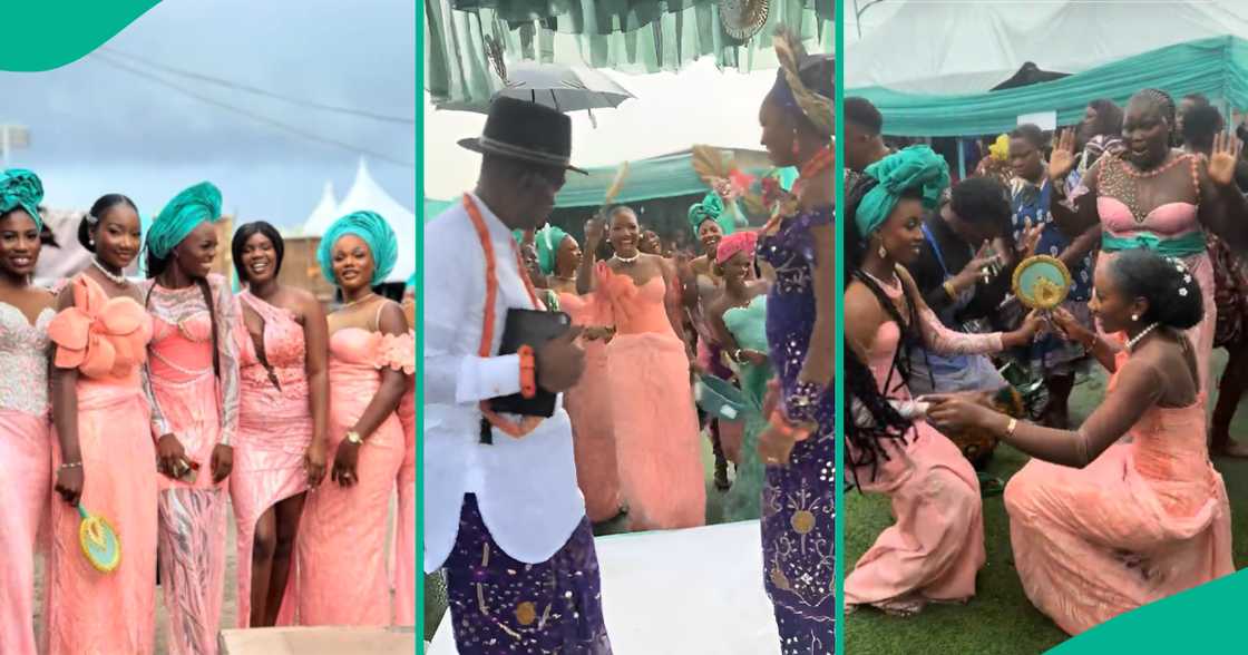 Mixed reactions as bride's former classmates dance under rain at her traditional wedding, video melts hearts