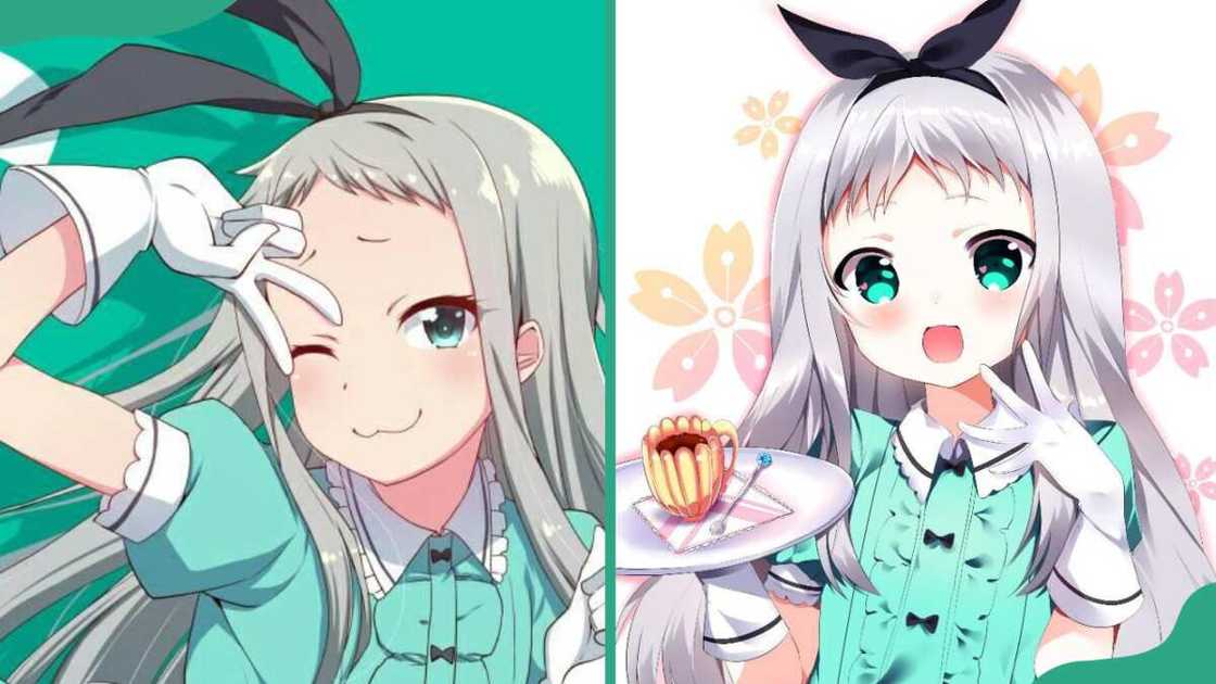 Hideri Kanzaki poses with arm extended outwards (L). The character holding a plate (R) Hideri Kanzaki poses with arm extended outwards (L). The character holding a plate (R)