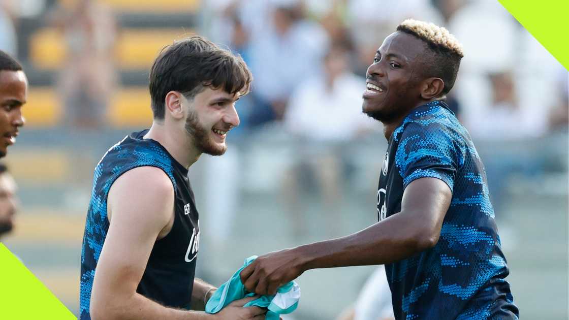 Victor Osimhen and Khvicha Khvarastkelia in Napoli's pre-season training.