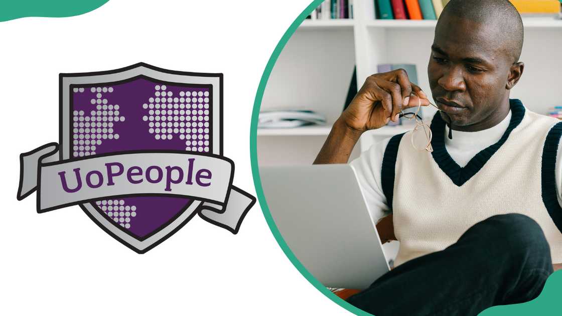 The University of the People logo and a man in a white top is using a silver laptop The University of the People logo and a man in a white top is using a silver laptop
