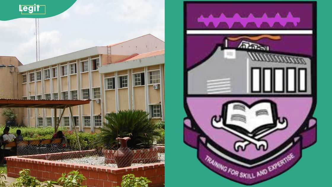 Federal Polytechnic Ado Ekiti learning block (L). Federal Polytechnic Ado Ekiti logo (R)