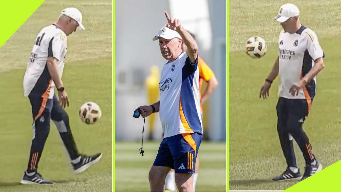 Carlo Ancelotti shows off impressive keepy uppy skill in Real Madrd training Carlo Ancelotti shows off impressive keepy uppy skill in Real Madrd training