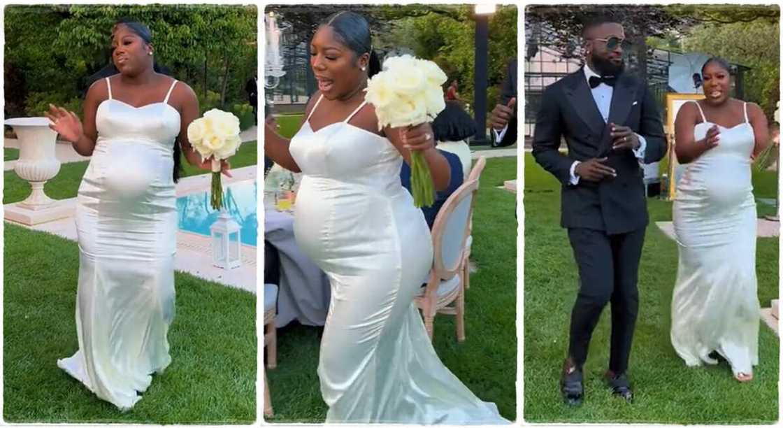 Pregnant woman and a man entering wedding venue.