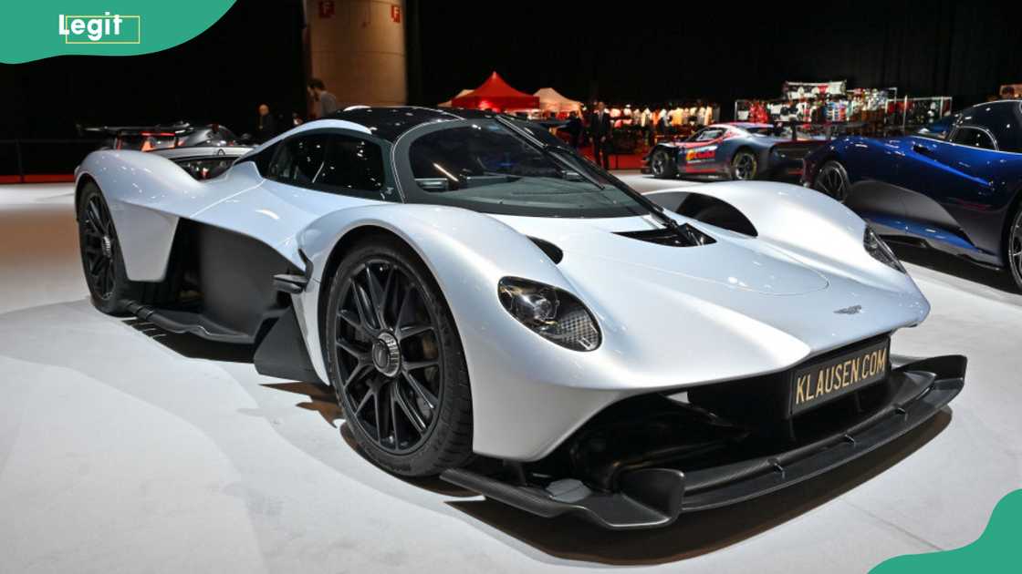A silver 2021 Aston Martin Valkyrie Hypercar at Palexpo in Geneva, Switzerland A silver 2021 Aston Martin Valkyrie Hypercar at Palexpo in Geneva, Switzerland