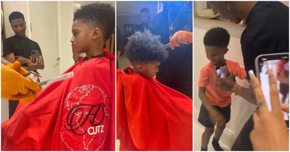 Wizkid gushes over Zion as he gets first haircut.