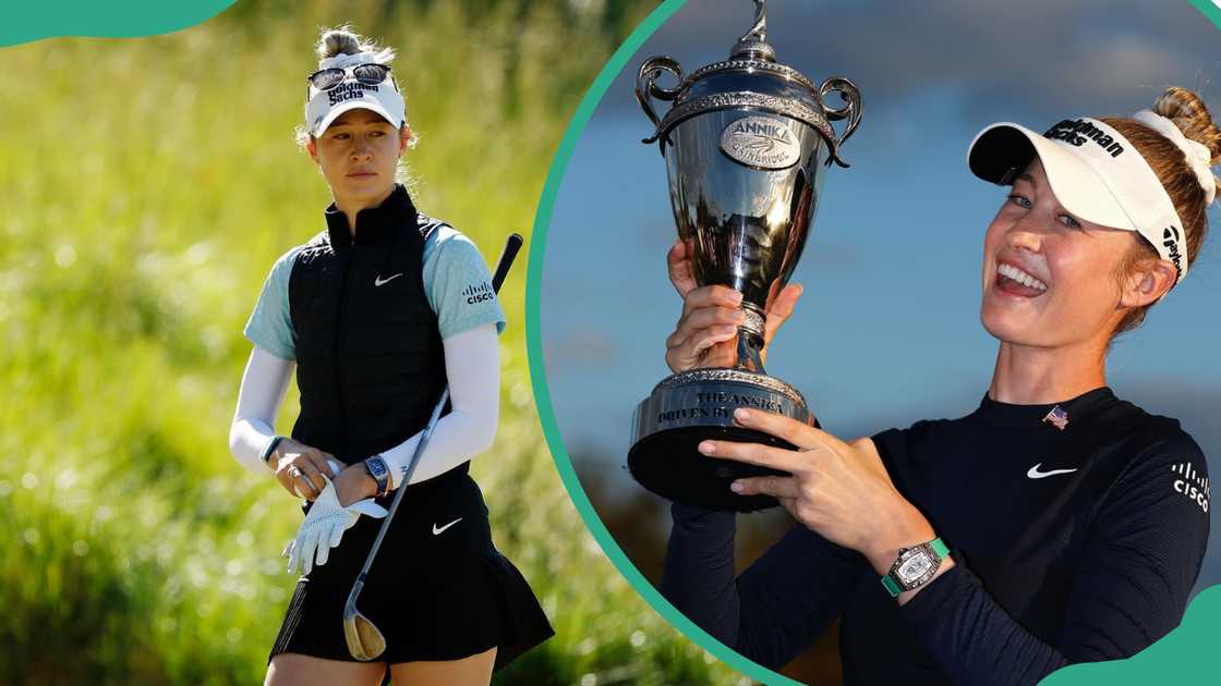 Nelly Korda standing on a golf course and holding a golf club (L). Korda holding up a large trophy (R) Nelly Korda standing on a golf course and holding a golf club (L). Korda holding up a large trophy (R)