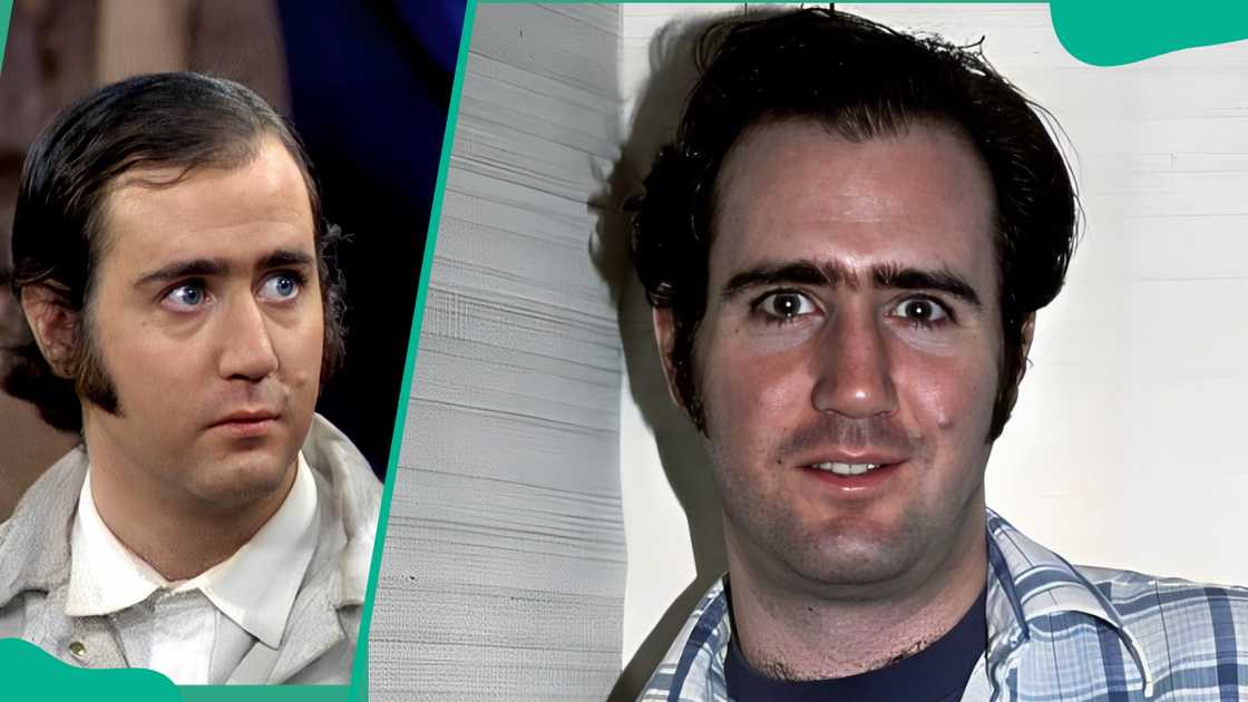 Andy Kaufman in a light grey coat and white shirt (L). The actor in a checked shirt and black T-shirt