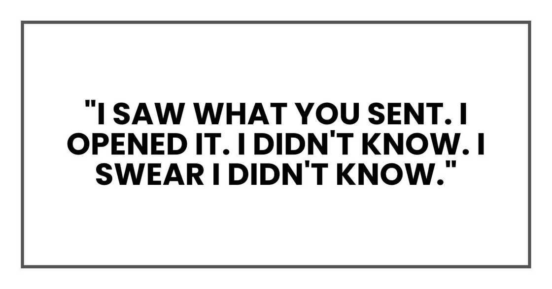 "I saw what you sent. I opened it. I didn't know. I swear I didn't know." "I saw what you sent. I opened it. I didn't know. I swear I didn't know."