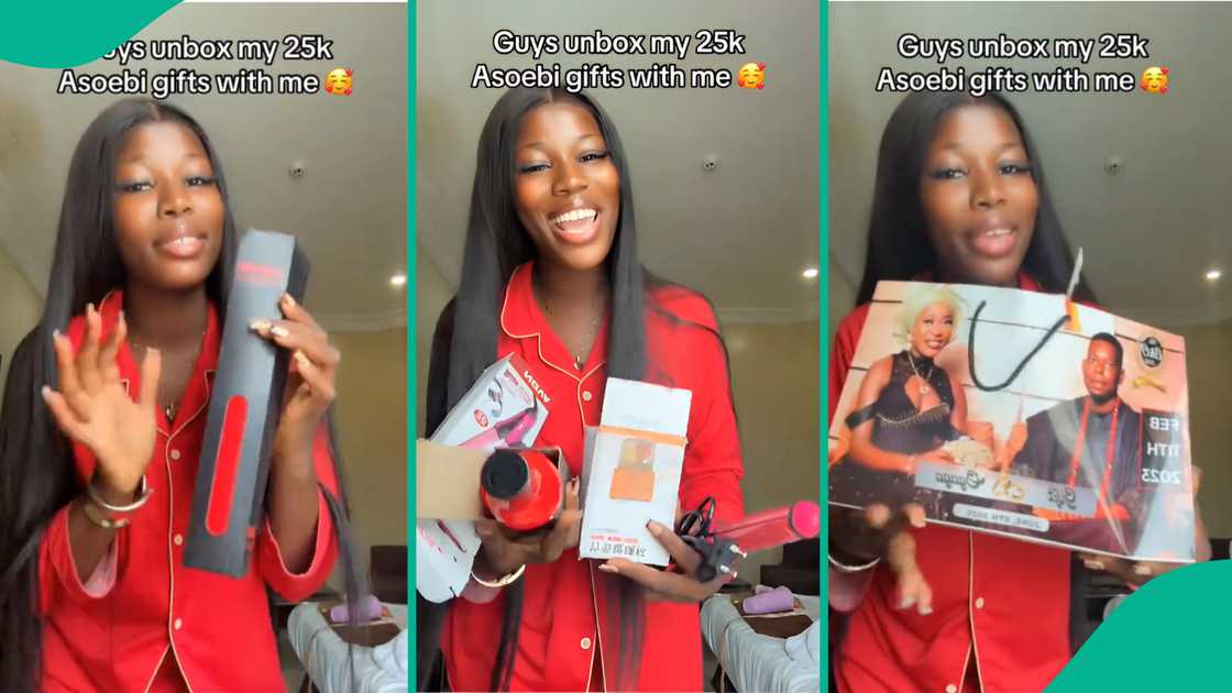 Lady shows off items she got at a wedding. Lady shows off items she got at a wedding.