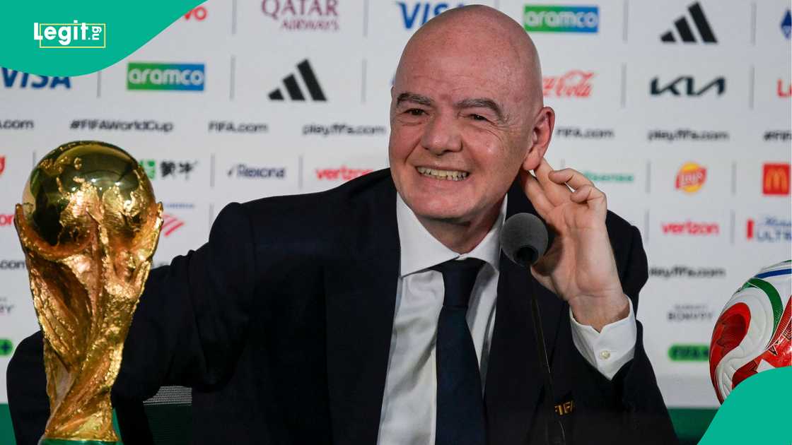 FIFA President Gianni Infantino speaks to the media alongside the FIFA World Cup trophy at Mexico City Stadium. Photo by Alfredo ESTRELLA FIFA President Gianni Infantino speaks to the media alongside the FIFA World Cup trophy at Mexico City Stadium. Photo by Alfredo ESTRELLA