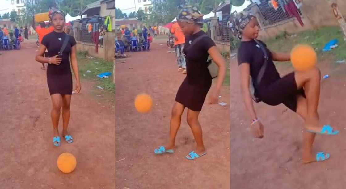 Photos of a girl playing football in the street. Photos of a girl playing football in the street.