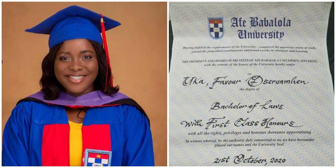 Joy as Nigerian Lady Bags First Class in Law, Shares Her Certificate and What She Plans to do at Law School