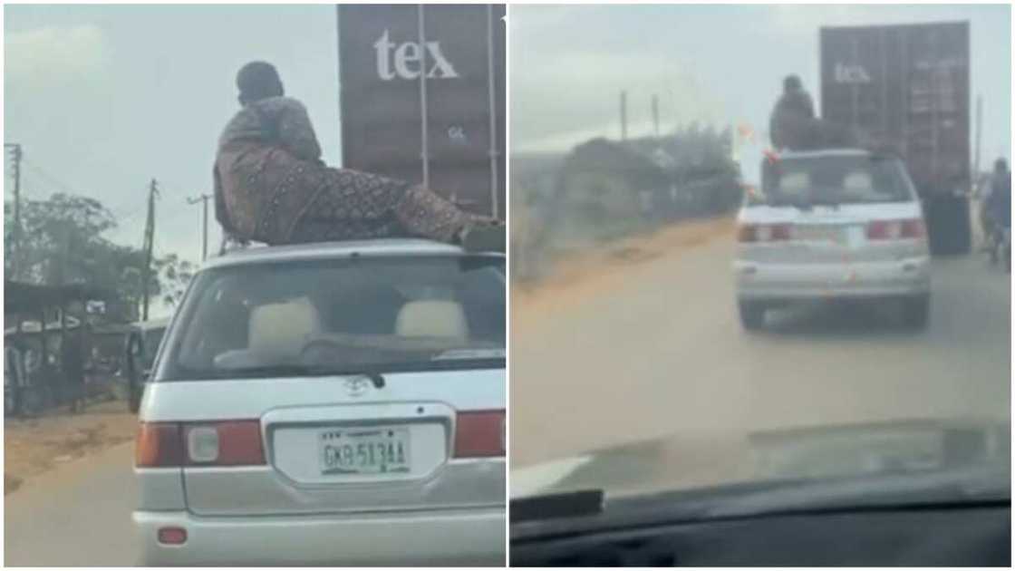 Nigerian man travels from Akure by sitting on roof of car. Nigerian man travels from Akure by sitting on roof of car.