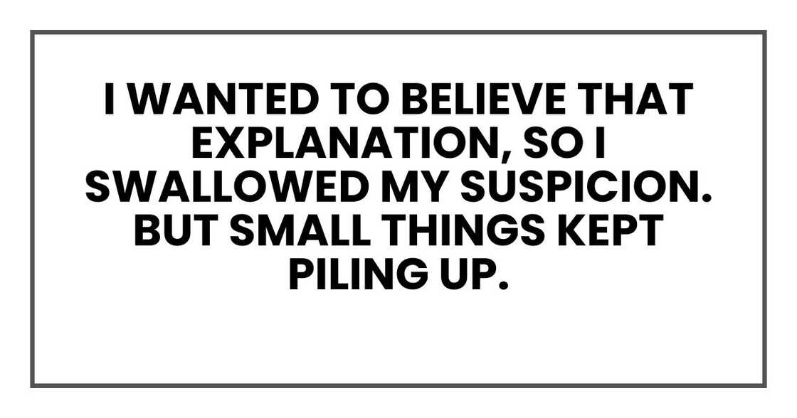 I wanted to believe that explanation, so I swallowed my suspicion.
But small things kept piling up. I wanted to believe that explanation, so I swallowed my suspicion.
But small things kept piling up.