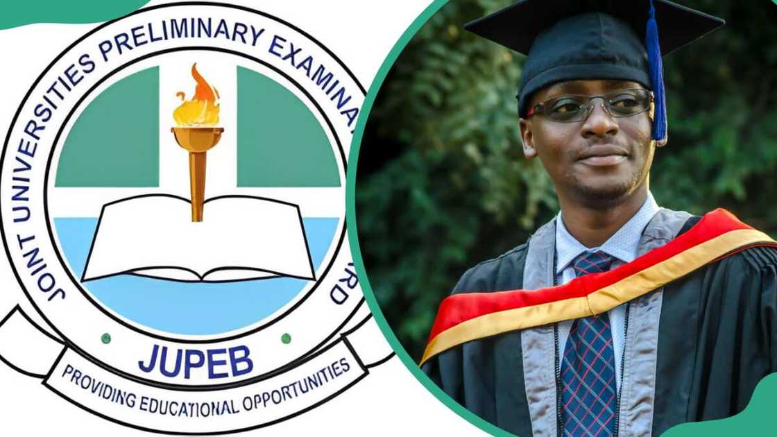 JUPEB logo (L) and a male student on a graduation attire (R)