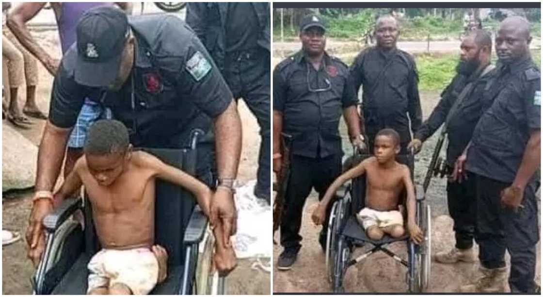 Photos of policemen giving free wheelchair to a crippled boy in Omerelu Rivers state. Photos of policemen giving free wheelchair to a crippled boy in Omerelu Rivers state.