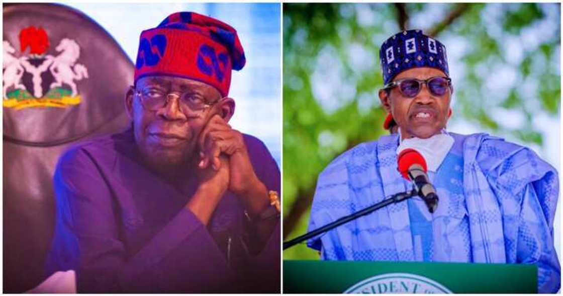 A photograph of former president Muhammadu Buhari and the incumbent, Bola Tinubu