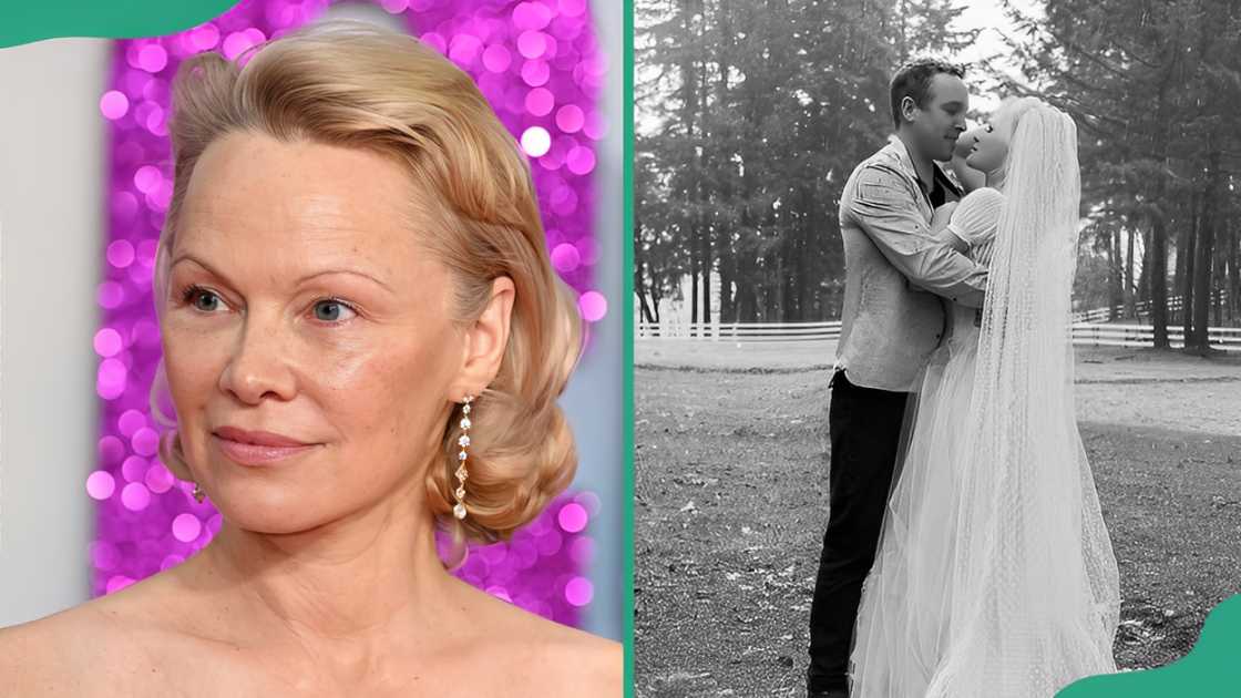 Pamela Anderson at a premiere and with Dan Hayhurst on their wedding day. Pamela Anderson at a premiere and with Dan Hayhurst on their wedding day.