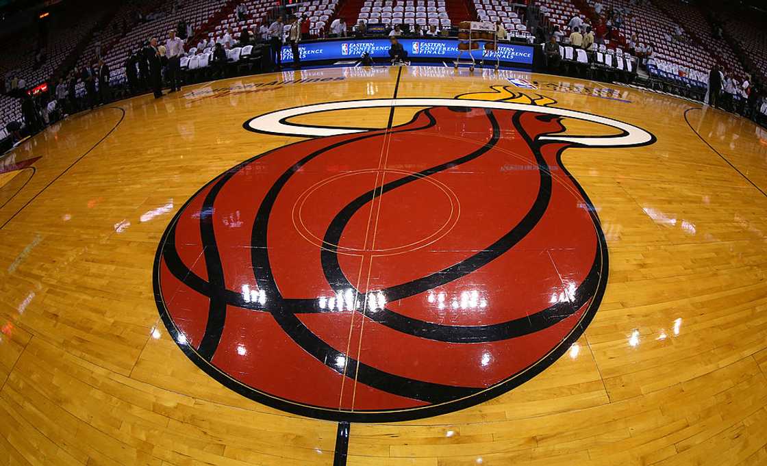 Miami Heat logo on a basketball court