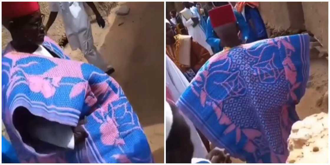 Photos of a man rocking agbada made from mat.