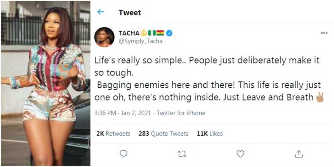 BBNaija’s Tacha shades people with enemies, says life doesn’t have to be tough BBNaija’s Tacha shades people with enemies, says life doesn’t have to be tough