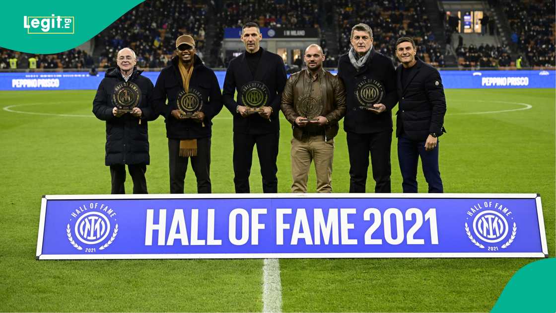 Wesley Sneijder Samuel Eto'o, Marco Materazzi, Javier Zanetti, Inter Milan, US Salernitana, San Siro, Milan, Italy. Wesley Sneijder Samuel Eto'o, Marco Materazzi, Javier Zanetti, Inter Milan, US Salernitana, San Siro, Milan, Italy.